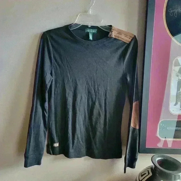 Lauren / Ralph Lauren - Black 100% Cotton Sweater - Suede Elbow Patches - Medium - Picture 1 of 10